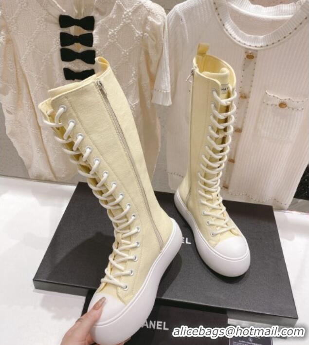 Pretty Style Chanel Canvas Platform High Boots 5cm Yellow 071847