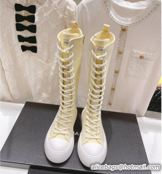 Pretty Style Chanel Canvas Platform High Boots 5cm Yellow 071847