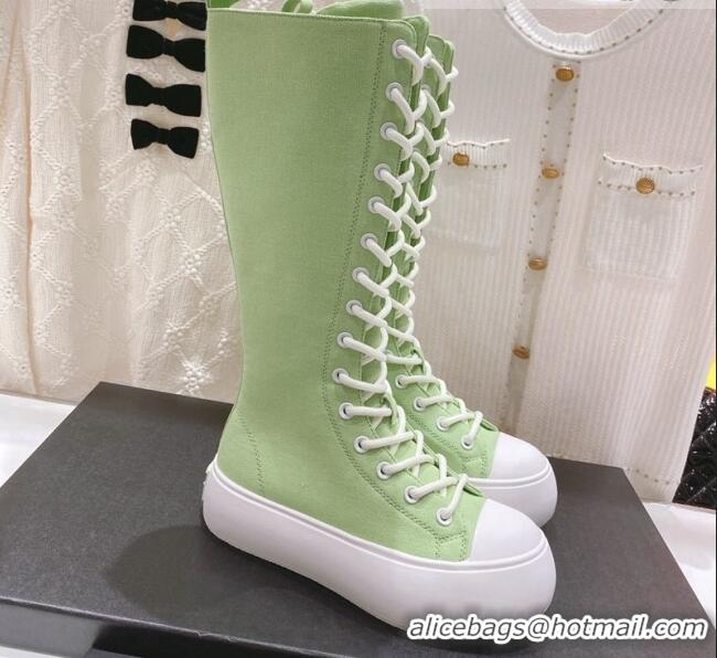 Pretty Style Chanel Canvas Platform High Boots 5cm Green 071848