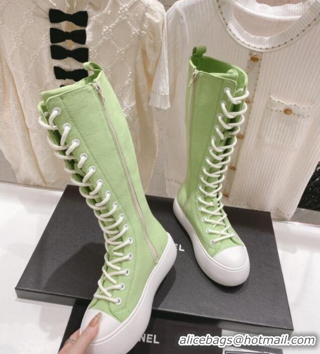 Pretty Style Chanel Canvas Platform High Boots 5cm Green 071848