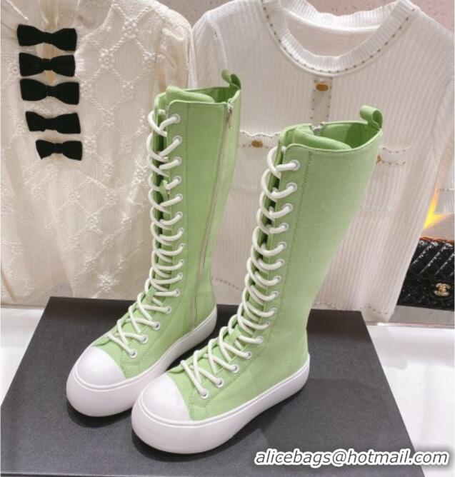 Pretty Style Chanel Canvas Platform High Boots 5cm Green 071848