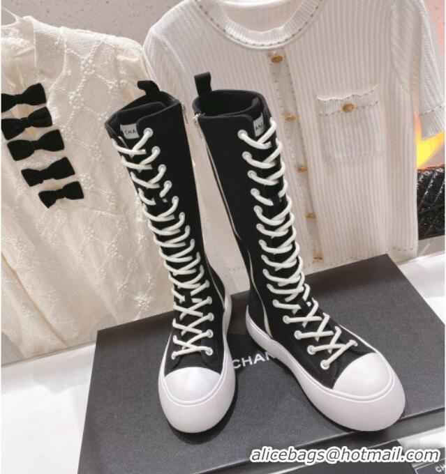 Top Grade Chanel Canvas Platform High Boots 5cm Black 071849