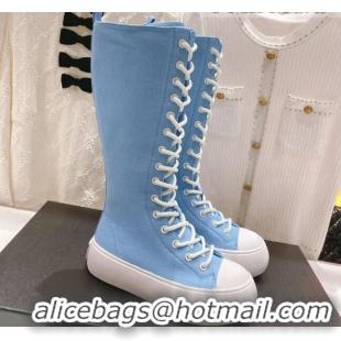 Stylish Chanel Canvas Platform High Boots 5cm Blue 071850