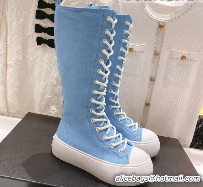 Stylish Chanel Canvas Platform High Boots 5cm Blue 071850