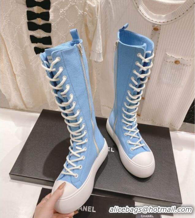 Stylish Chanel Canvas Platform High Boots 5cm Blue 071850