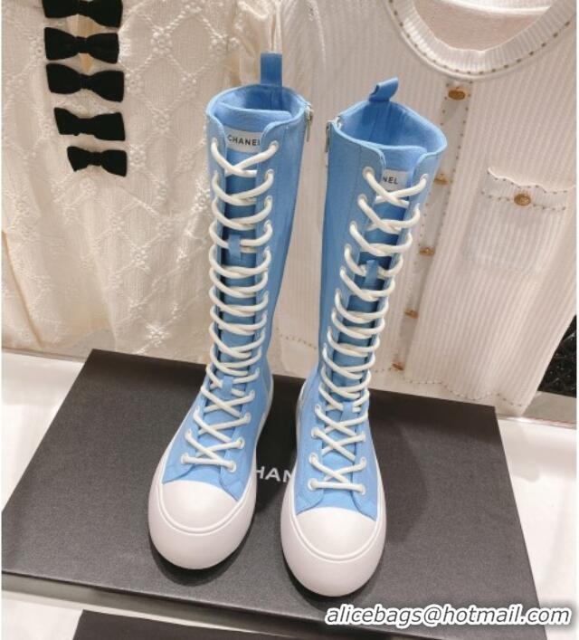 Stylish Chanel Canvas Platform High Boots 5cm Blue 071850