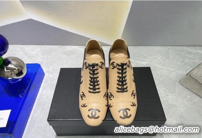 Hot Style Chanel CC Print Lambskin Lace-up Pumps 6cm Beige 071858