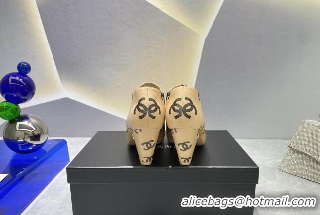 Hot Style Chanel CC Print Lambskin Lace-up Pumps 6cm Beige 071858