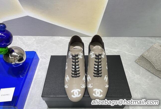 Low Price Chanel CC Print Lambskin Lace-up Pumps 6cm Gray 071859