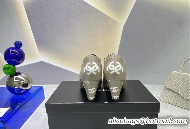 Low Price Chanel CC Print Lambskin Lace-up Pumps 6cm Gray 071859