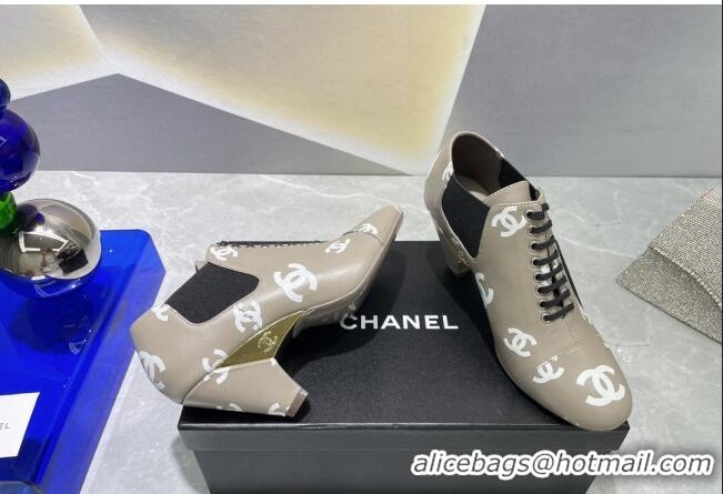 Low Price Chanel CC Print Lambskin Lace-up Pumps 6cm Gray 071859