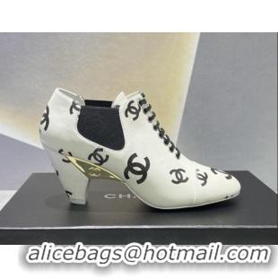 Popular Style Chanel CC Print Lambskin Lace-up Pumps 6cm White 071860