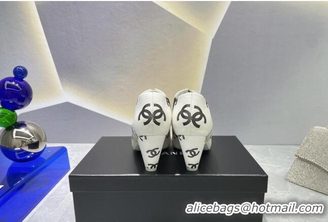 Popular Style Chanel CC Print Lambskin Lace-up Pumps 6cm White 071860