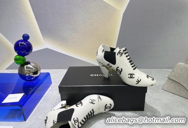 Popular Style Chanel CC Print Lambskin Lace-up Pumps 6cm White 071860