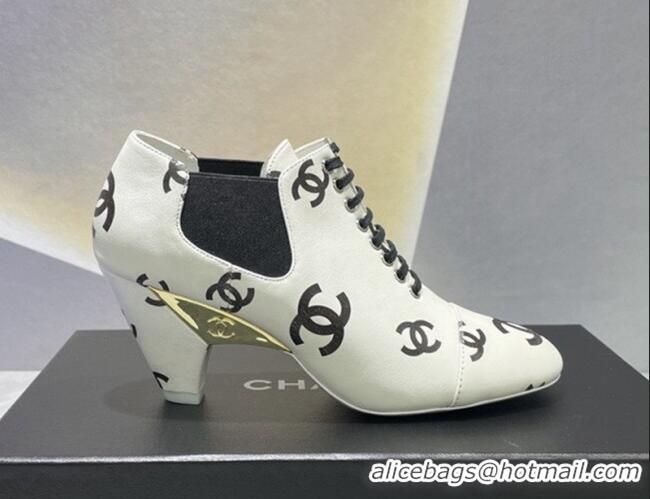 Popular Style Chanel CC Print Lambskin Lace-up Pumps 6cm White 071860