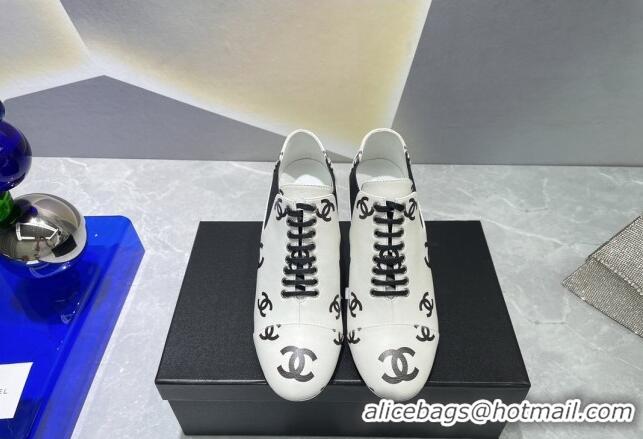 Popular Style Chanel CC Print Lambskin Lace-up Pumps 6cm White 071860