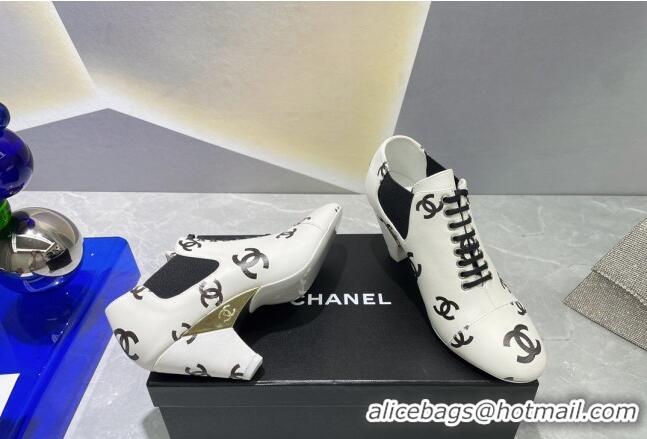 Popular Style Chanel CC Print Lambskin Lace-up Pumps 6cm White 071860