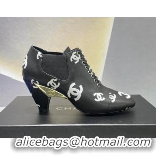 Good Product Chanel CC Print Lambskin Lace-up Pumps 6cm Black 071861