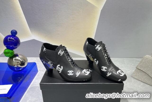 Good Product Chanel CC Print Lambskin Lace-up Pumps 6cm Black 071861