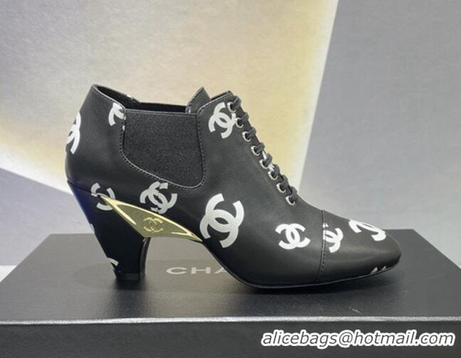 Good Product Chanel CC Print Lambskin Lace-up Pumps 6cm Black 071861