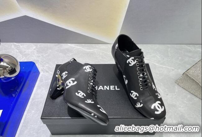 Good Product Chanel CC Print Lambskin Lace-up Pumps 6cm Black 071861