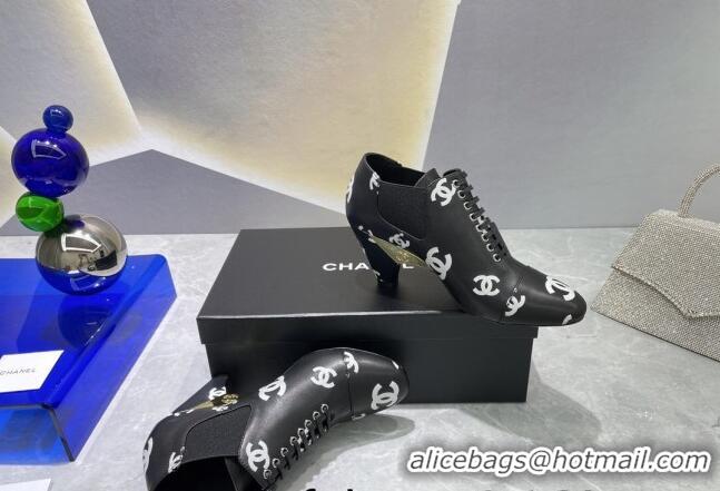 Good Product Chanel CC Print Lambskin Lace-up Pumps 6cm Black 071861