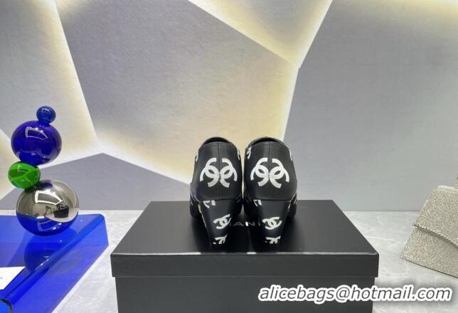 Good Product Chanel CC Print Lambskin Lace-up Pumps 6cm Black 071861