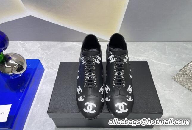 Good Product Chanel CC Print Lambskin Lace-up Pumps 6cm Black 071861