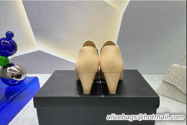 Cheap Price Chanel Lambskin Lace-up Medium Heel Pumps 6cm Beige 071863