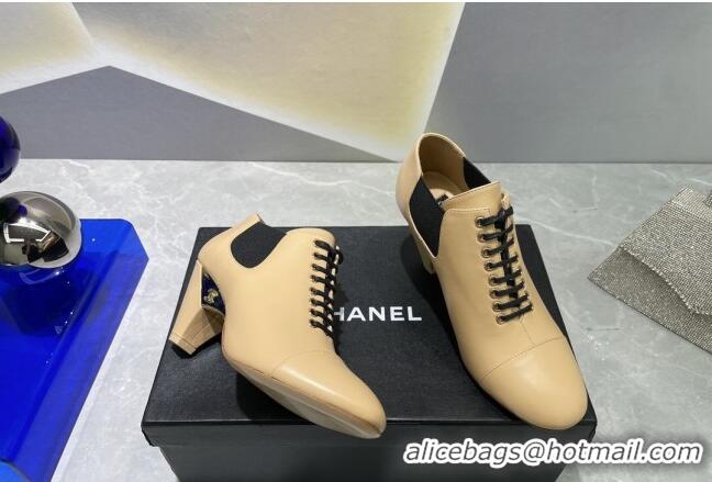 Cheap Price Chanel Lambskin Lace-up Medium Heel Pumps 6cm Beige 071863