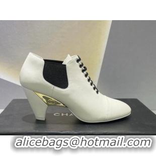 Discount Chanel Lambskin Lace-up Medium Heel Pumps 6cm White 071864