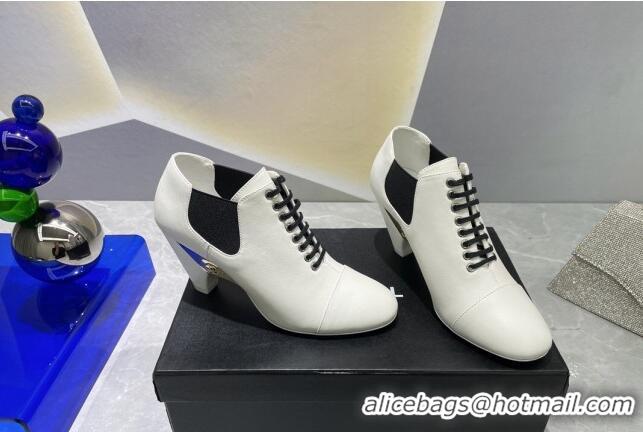 Discount Chanel Lambskin Lace-up Medium Heel Pumps 6cm White 071864