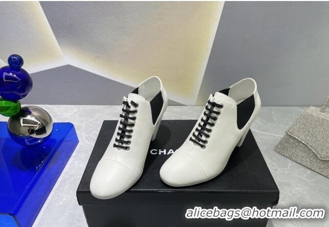 Discount Chanel Lambskin Lace-up Medium Heel Pumps 6cm White 071864