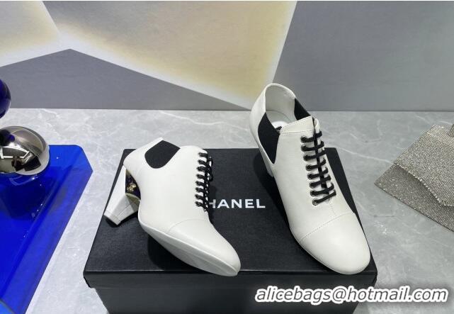 Discount Chanel Lambskin Lace-up Medium Heel Pumps 6cm White 071864