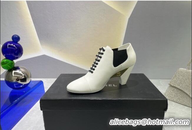 Discount Chanel Lambskin Lace-up Medium Heel Pumps 6cm White 071864