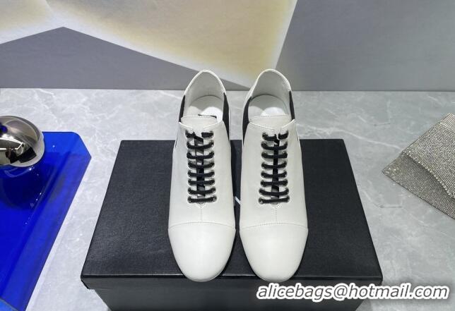 Discount Chanel Lambskin Lace-up Medium Heel Pumps 6cm White 071864