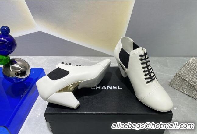 Discount Chanel Lambskin Lace-up Medium Heel Pumps 6cm White 071864