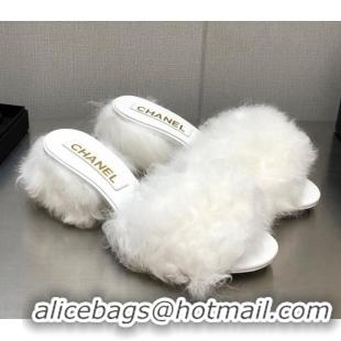 Duplicate Chanel Shearling Wool Medium Heel Slide Sandals 6cm White 071866