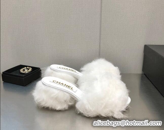 Duplicate Chanel Shearling Wool Medium Heel Slide Sandals 6cm White 071866