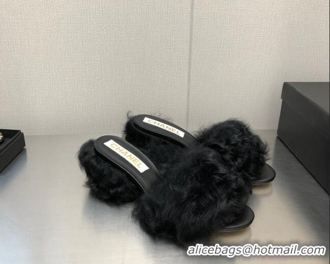 Unique Discoun Chanel Shearling Wool Medium Heel Slide Sandals 6cm Black 071867