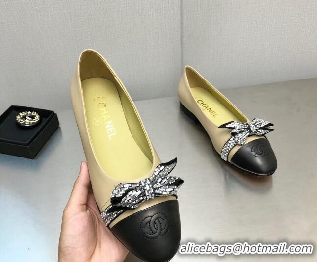 Most Popular Chanel Lambskin Ballerinas with Crystal Bow Beige 071868