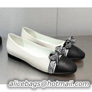 Unique Style Chanel Lambskin Ballerinas with Crystal Bow White 071870