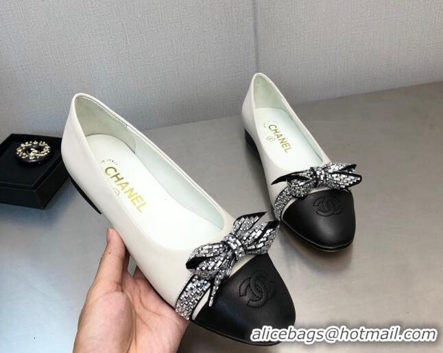 Unique Style Chanel Lambskin Ballerinas with Crystal Bow White 071870