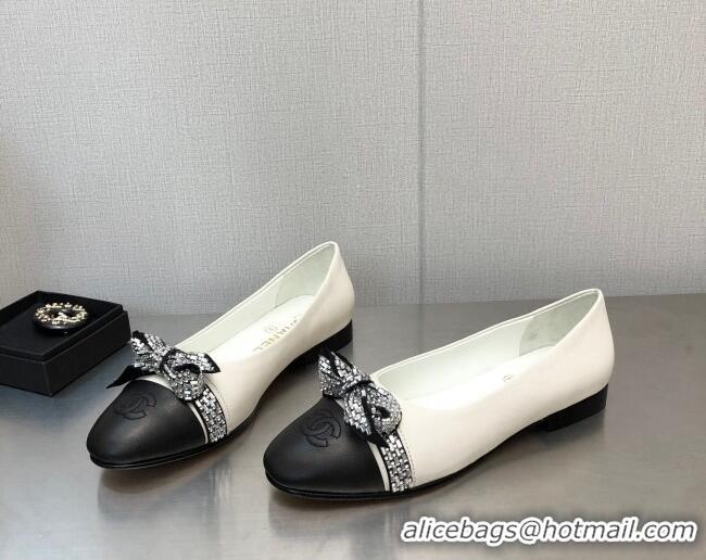 Unique Style Chanel Lambskin Ballerinas with Crystal Bow White 071870