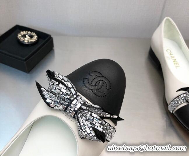 Unique Style Chanel Lambskin Ballerinas with Crystal Bow White 071870