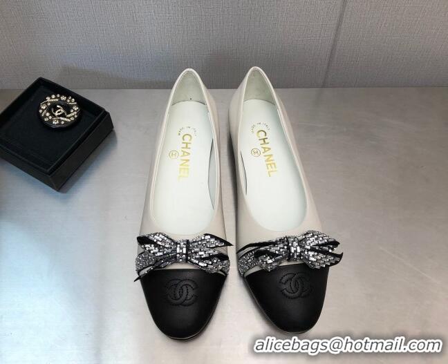 Unique Style Chanel Lambskin Ballerinas with Crystal Bow White 071870