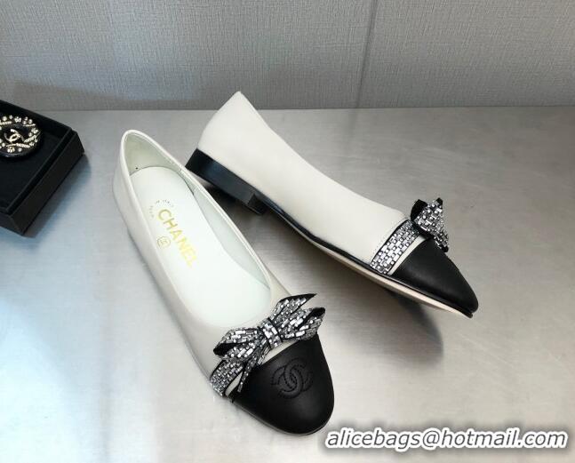 Unique Style Chanel Lambskin Ballerinas with Crystal Bow White 071870