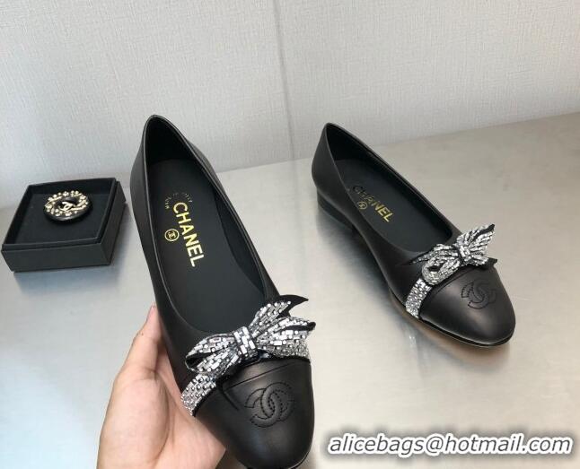 Low Cost Chanel Lambskin Ballerinas with Crystal Bow Black 071871