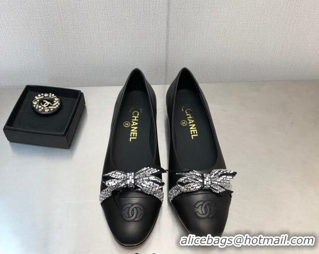 Low Cost Chanel Lambskin Ballerinas with Crystal Bow Black 071871