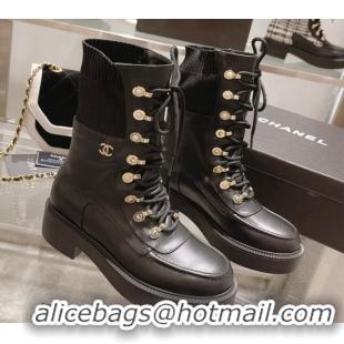 Charming Chanel Leather and Knit Lace-up Ankle Boots Black 071879